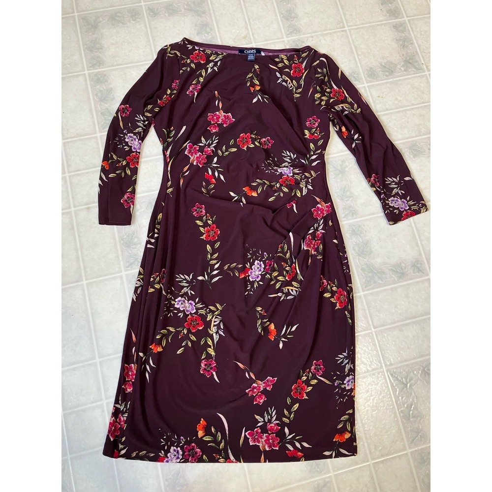 Chaps Floral Draped Side Dress Burgundy Floral Size Medium Petite Boatneck